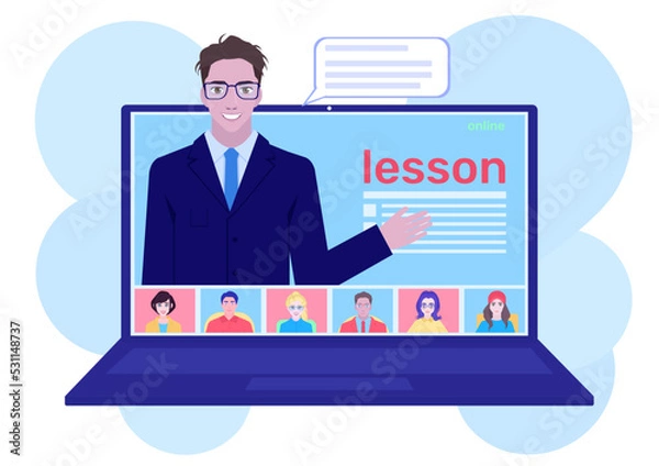 Fototapeta Distance lessons for school pupils or university students. Video course, web seminar, internet class, personal teacher service for home education with male mentor. Online education banner