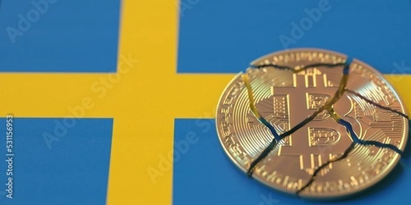 Fototapeta Flag of Sweden and broken bitcoin. Cryptocurrency ban or crypto legal issues concepts, 3d rendering