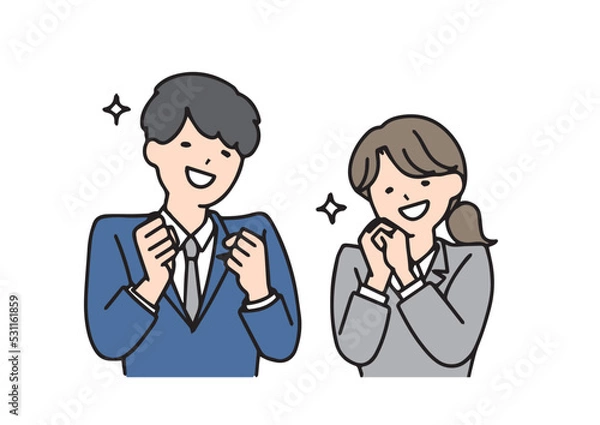 Fototapeta とても喜んでいるビジネスマンの男女　シンプルな線の人物イラスト