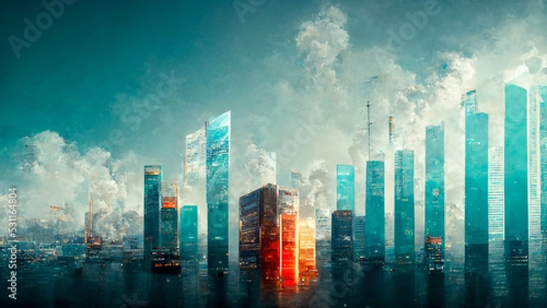 Fototapeta Financial graphs and digital indicators overlap with modernistic urban area, skyscrabber for stock market business concept. Double exposure. , big data connection technology concept . lighting. 3D 