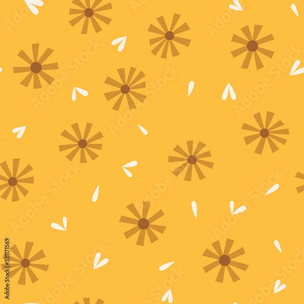 Obraz Seamless pattern with dried ditsy flowers with white leaves and little hearts on yellow background. Simple floral seamless background. Simple flower print for textile, home nursery wallpaper.