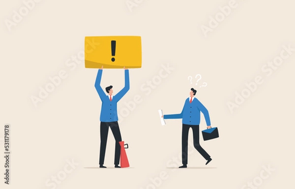 Fototapeta Important announcements, interests or warnings.  Caution or business warning. Discussion caution fact and voice. .Businessman holding a warning sign.