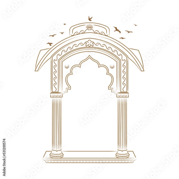 Fototapeta Jharokha vector illustration. Window architecture illustration. Jharokha with Birds illustration. Line art arch illustration. Flying Birds illustration. Rajasthani Jharokha vector.