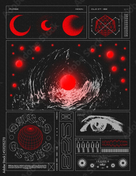 Fototapeta Retro futuristic poster with mountains and glowing spheres. Abstract print with noise, for streetwear, print for t-shirts and sweatshirts on a black background