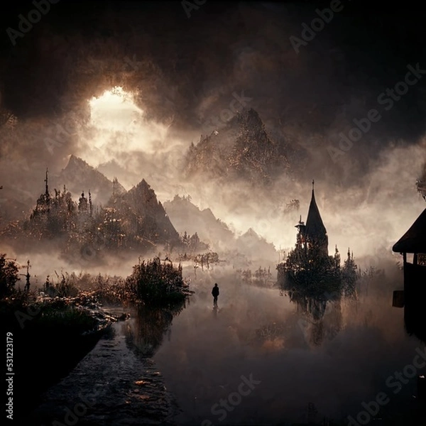 Fototapeta Digitally rendered landscape. Fantastic digital illustration. Moody light.