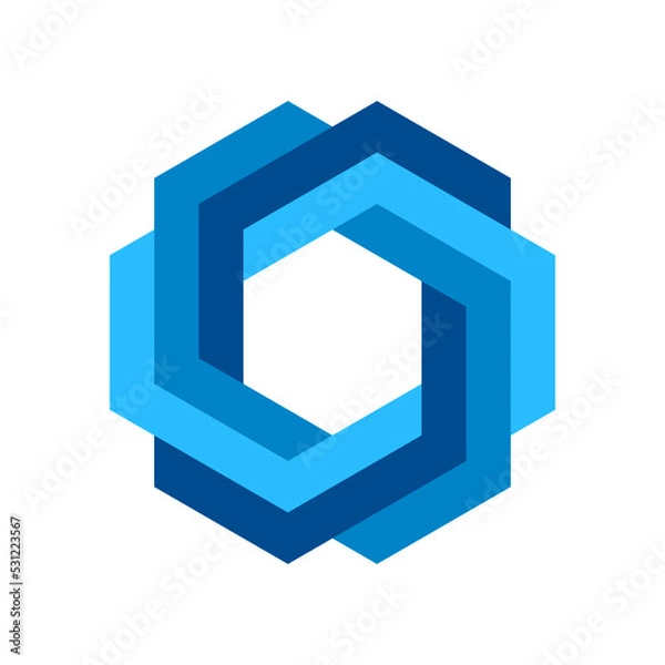 Fototapeta Blue impossible hexagon symbol. Endless geometric figure. Triple hexagonal loop. Business logo template. Infinite shape icon. Blue intertwined polygonal object. Vector illustration, flat, clip art. 