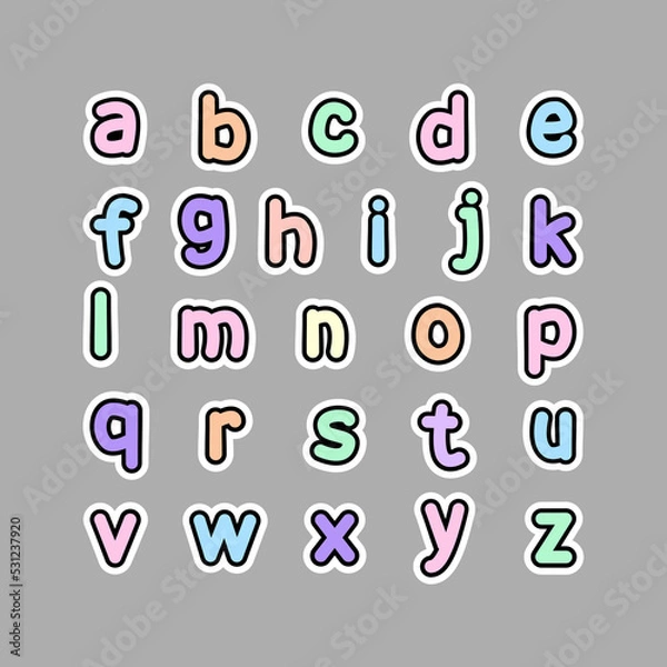 Fototapeta English alphabet. Small letters. Multicolored pastel letters of the English alphabet. Cards for learning. Vector illustration isolated on gray background