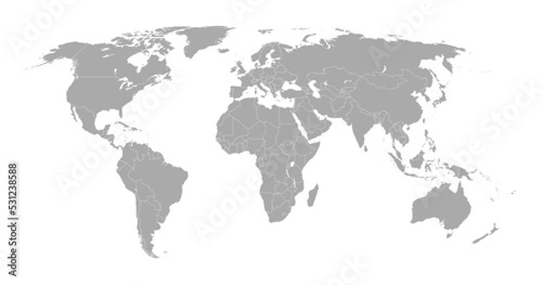 Fototapeta Mapa świata pokazująca granice kraju. Grey World Map odizolowana z granicą. Ilustracja wektorowa.