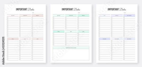 Fototapeta Yearly Important Dates Planner. Important Dates Tracker. 3 Set of Minimalist Planners. Printable Planner Bundle. Printable Planner Set.
