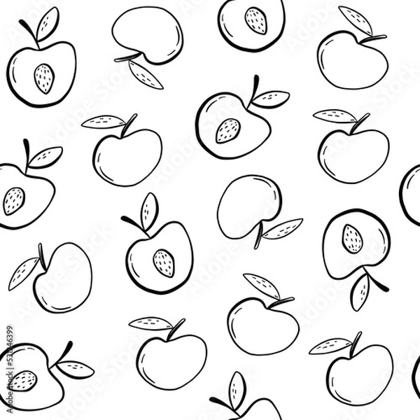Fototapeta Seamless pattern with outline peaches or apricot. Hand drawn black and white food illustration. Ideal for fabric, textile, prints, scrapbooking, wrapping paper, invitation and party decoration