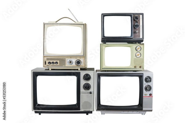 Fototapeta Five vintage televisions with cut out screens isolated.