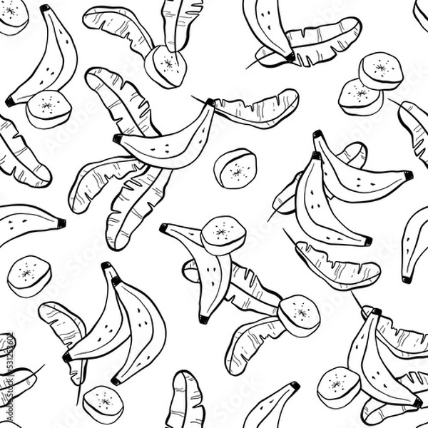 Obraz Tropical seamless pattern with outline bananas and leaves. Black and white color. Ideal for fabric, textile, prints, scrapbooking, wrapping paper, invitation and party decoration