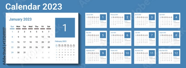 Fototapeta Template of Calendar 2023, calender 2023,or desk calendar 2023.calendars 2023 with blue as main color. Week start on Sunday and Sunday as weekend. Calender planner 2023.