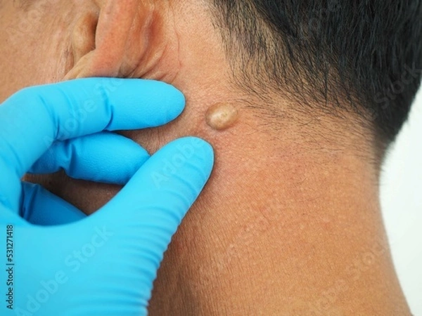 Obraz Man pointed to sebaceous cysts on his neck, formed by sebaceous glands. Oils called sebum and laser skin treatments or flea biopsies health concept. closeup photo, blurred.
