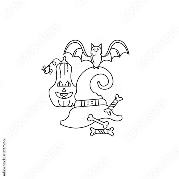 Obraz Halloween holiday vector linear icon. Card. Pumpkin, hat, bat.
