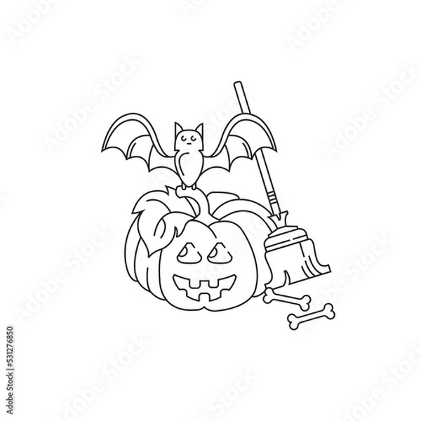 Obraz Happy Halloween vector illustration. Line icon. Pumpkin, bat and broom.
