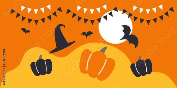 Fototapeta Happy Halloween banner or party invitation background with moon, bats and pumpkins in paper flat style. Cartoon illustration. Place for text