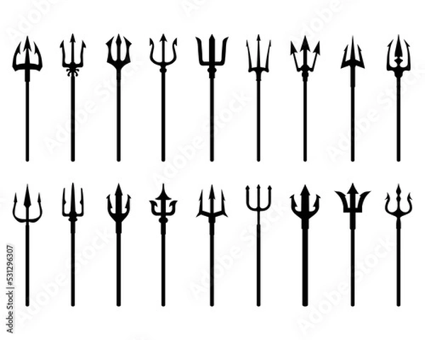 Obraz Set of trident, black silhouettes on a white background	