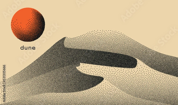 Fototapeta Vector landscape of mountain in dotwork style. Stipple illustration design. Old retro dot texture vintage gradient. Pointillism graphic. Grain terrain wallpaper.