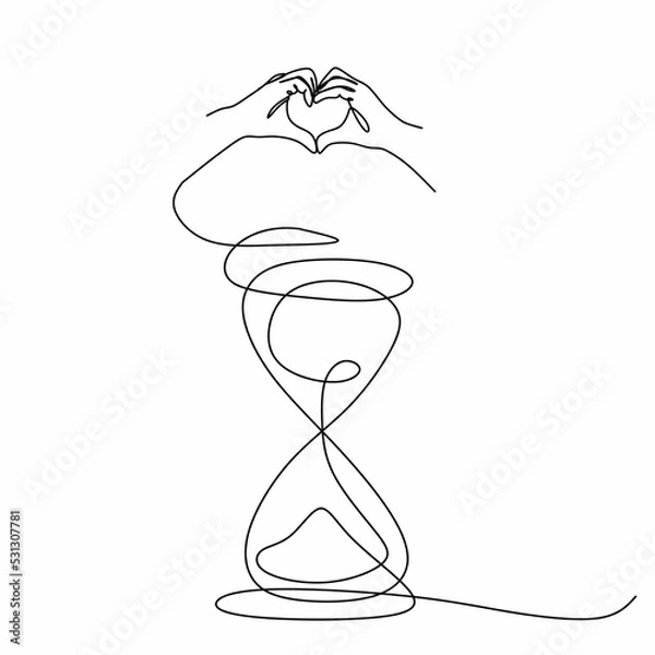 Fototapeta Continuous drawing with one line two hand shapes
hearts and time . The concept of a happy person in time