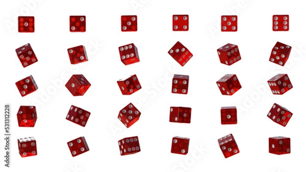 Fototapeta Transparent png image with a red glass dices rendered in multiple different angles. 3d illustration. 