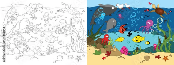 Obraz Vector bright cartoon illustration for a coloring book. Marine life.
