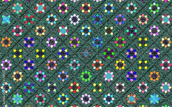 Obraz colorful pattern of elements like stars or flowers and green background texture fabric graphic art wallpaper design