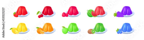 Fototapeta Set jelly sweet dessert on plate with different fruits and berries cartoon vector illustration. Gelatin colorful sweets bundle