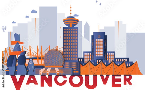 Obraz Typography word Vancouver branding technology concept. Collection of flat vector web icons. Canadian culture travel set, architectures, specialties detailed silhouette American famous landmark