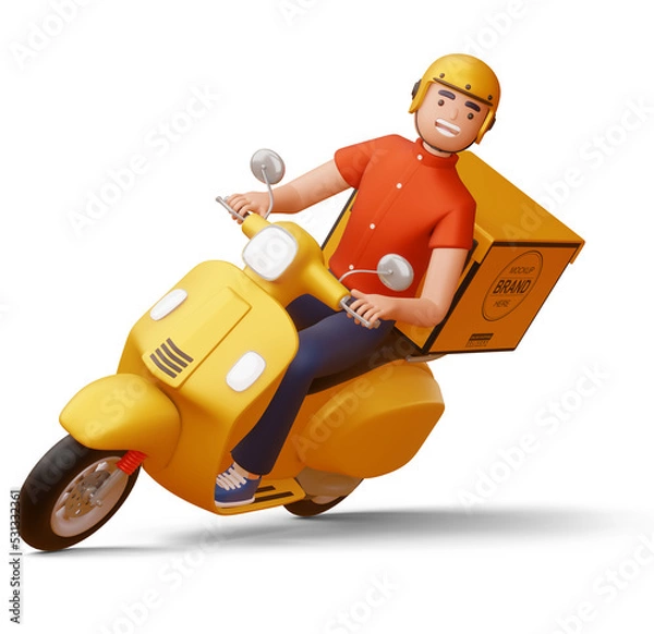 Obraz Delivery man riding a motorcycle with delivery box, 3d rendering.