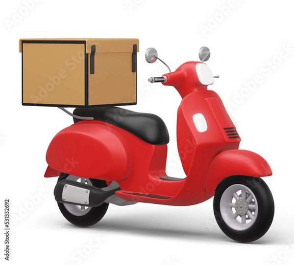 Obraz Red delivery motocycle with delivery bag, 3d rendering.