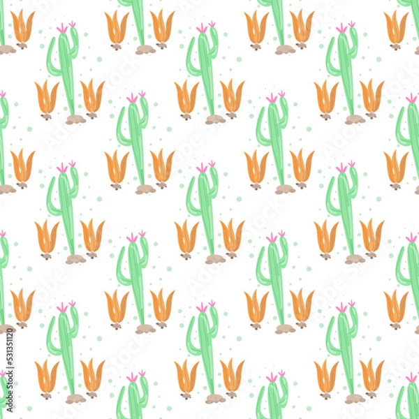 Fototapeta Illustration vector graphic seamless pattern adorable green cactus with pink flowers. Premium vector for kids and baby. Print on cloth, fabric, linen, textile and wallpaper background