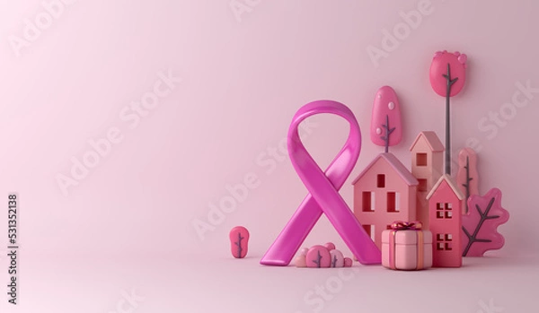 Fototapeta Breast cancer awareness ribbon with gift box, house, decoration background, copy space text, 3d rendering illustration
