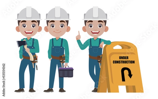 Fototapeta Repairman with different poses. vector