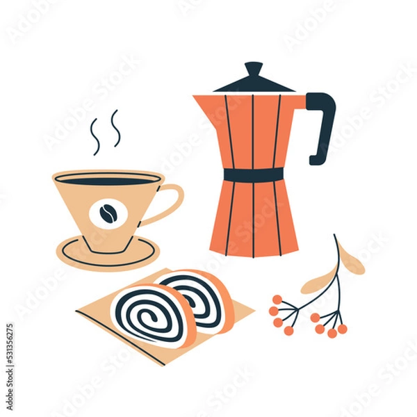 Fototapeta Aromatic coffee and dessert. Cup of fresh brewed hot drink with tasty roll cake decorated by branch with berry composition. Flat vector illustration isolated on white background