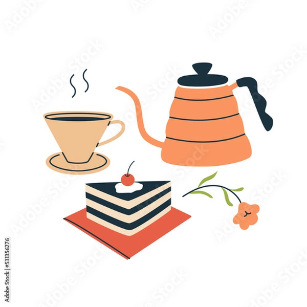 Fototapeta Hot drink, kettle and dessert flat vector illustration. Cup of fresh brewed coffeу or tea with tasty piece cake composition. Colorful design decorated by flower isolated on white background