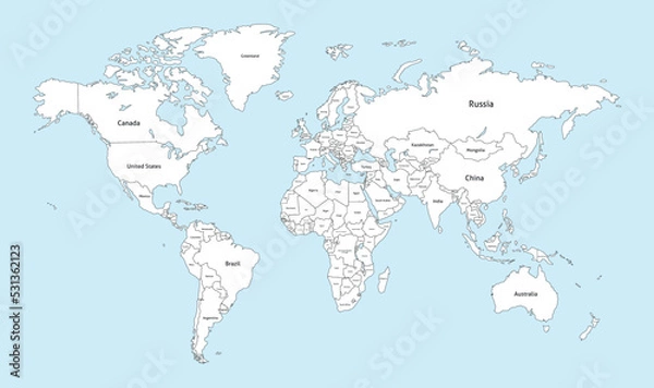 Fototapeta World Map With Country Names. Detailed Outline Political World Map Vector Illustration.