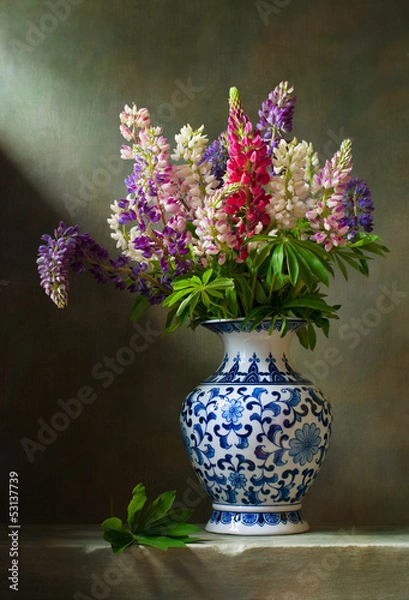 Fototapeta Still life with flowers lupine in a chinese vase