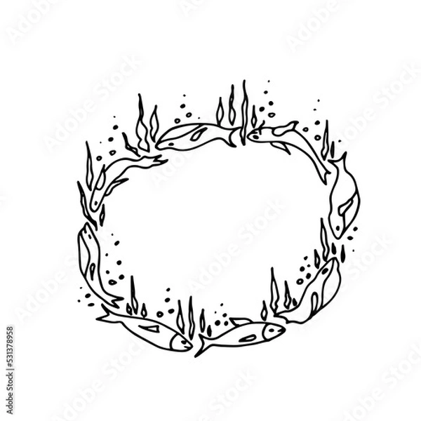 Fototapeta Sketch frame with black and white image of fish and algae. Print tag or logo. For tattoo and print children's coloring books.