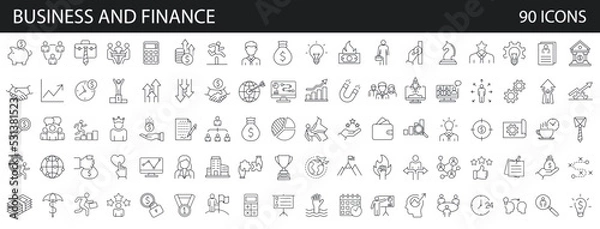 Obraz Set of 90 business teamwork finance icons, team building, work group and human resources. Outline icons collection. Line style - vector illustration