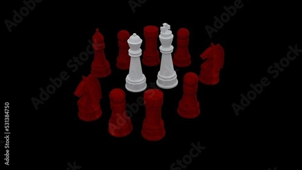 Fototapeta A game of chess red and white on black win. Contrast winner bright king and queen. The queen is always beautiful. The power of king and queen. The will to win. The enemy has been defeated. Brightly.