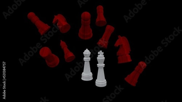 Fototapeta A game of chess red and white on black win. Contrast winner bright king and queen. The queen is always beautiful. The power of king and queen. The will to win. The enemy has been defeated. Brightly.