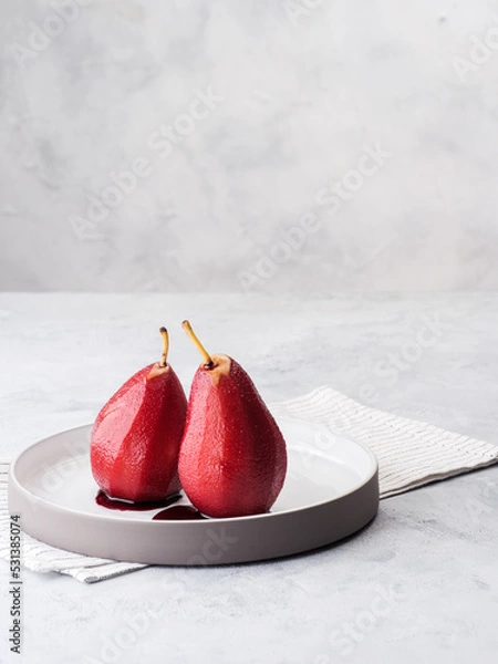 Obraz Composition with sweet poached pears on light background
