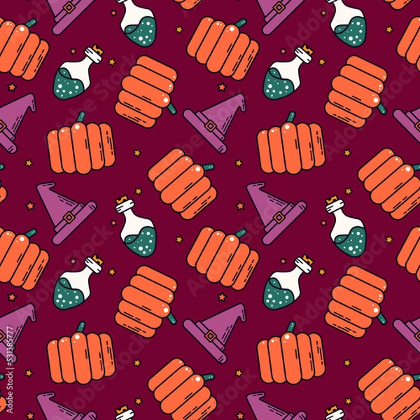 Fototapeta Halloween seamless pattern with pumpkin, witch hat and potion bottle. Fun cartoon vector illustration for wrapping paper, fabric print, background. Cute isolated autumn line art. Magic festive cartoon