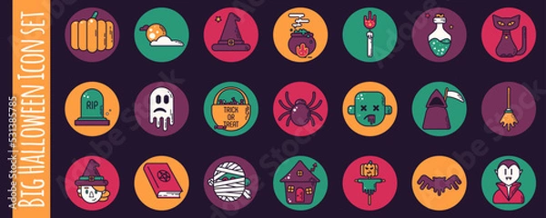 Fototapeta Halloween icon set. Isolated colorаul vector illustration. Halloween symbols and characters. Pumpkin, witch, hat, spider, bat, zombie, vampire, poison, full moon, magic cat, ghost. Linear flat style