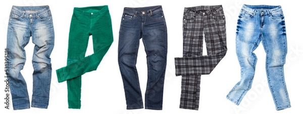 Fototapeta Different pants style. Blue jeans set isolated on white background with copy space. Top view and mock up clothes. Male female pants collage isolate. Autumn wear clothing
