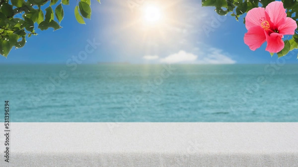 Fototapeta Tropical sea background with hibiscus flower and copy space