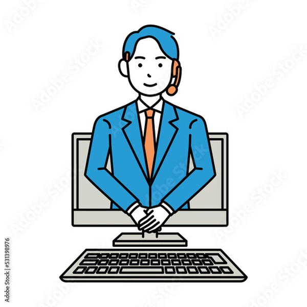 Fototapeta コールセンター　オペレーター　男性　お辞儀　リモート