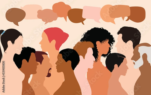 Fototapeta Diverse multicultural people interacting with a crowd of vector cartoon heads. Communication concept with speech bubbles. Communication concept with speech bubbles.