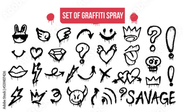 Fototapeta Duża kolekcja wzoru natryskowego graffiti. Symbole projektowe, korona, grzmot, diabeł, czaszka, serce, strzała itp. Z teksturą sprayu. Elementy na białym tle dla banerów, dekoracji, sztuki ulicznej i reklam.